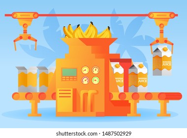 Factory packing conveyor 
banana juice of a box .Sweet sparkling water.Flat illustration vector.Concept of design industrial automated food factory machine.