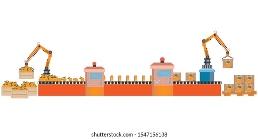 Factory packing conveyor orange juice of a box isolated on white.Design industrial automated food factory machine.Sweet sparkling water illustration vector.