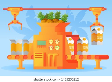 Factory packing conveyor 
pineapple juice of a box .Sweet sparkling water.Flat illustration vector.Concept of design industrial automated food factory machine.