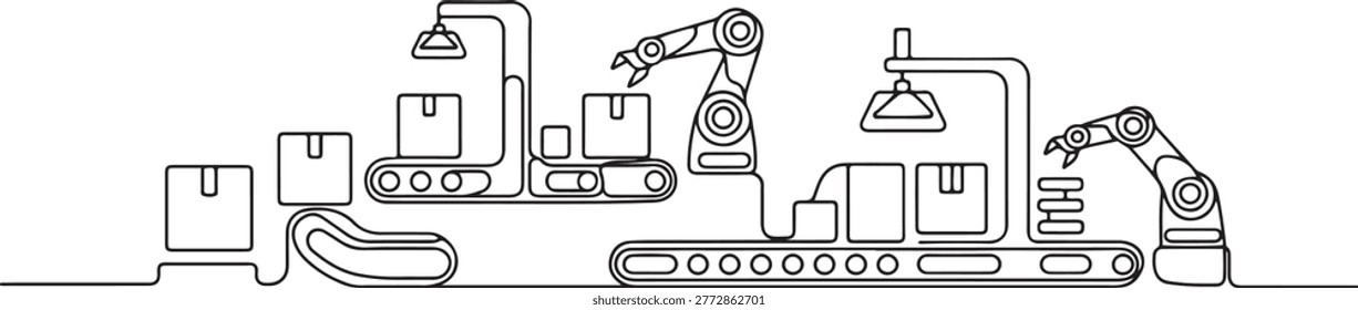 Factory Parcel Center Robots Line Art. Industry and technology.one line vector illustration on white background

