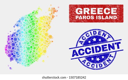 Factory Paros Island map and blue Accident grunge seal stamp. Colorful gradiented vector Paros Island map mosaic of mechanics components. Blue rounded Accident stamp.