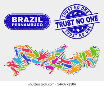 Factory Pernambuco State map and blue Trust No One grunge seal stamp. Colored vector Pernambuco State map mosaic of industrial components. Blue round Trust No One stamp.