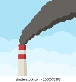 Factory pipe against the clear sky clogs the air with black smoke. Pollution of environment from industry smoke co2 emitting. Smoke from the pipes. Vector illustration