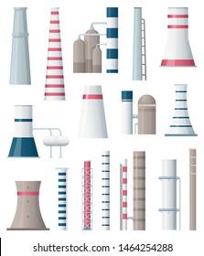 Factory pipe. Atmosphere pollution from industrial production manufacturing steam chimney fumes vector factory illustration. Collection of pipe structure, tower industrial chimney