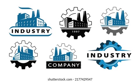 Factory with pipe and gear logo. Energy industrial concept. Industry symbol set vector