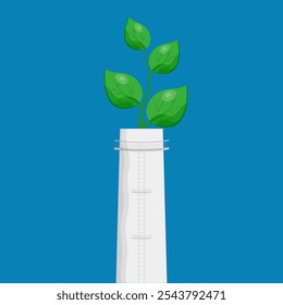 Factory pipe with green sprout. Eco friendly industry concept isolated blue. Vector Sustainable lifestyle template design. EPS 10