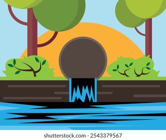 Factory Pipe Polluting Nature Flat Style. Industrial technology, sewage system and nature preservation concept vector illustration