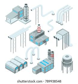 Factory pipe and set of industrial buildings. Isometric style pictures. Industry factory and industrial pipe for plant, vector illustration