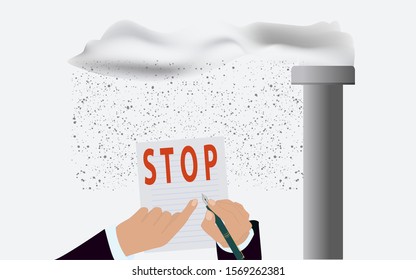 Factory pipe, smog - hands, fountain pen, document Stop - vector. Control of the emission of dirty particles into the atmosphere by industrial enterprises. Environmental Protection.
