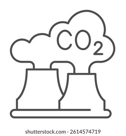 Factory pipes and carbon dioxide cloud thin line icon, climate change concept. Vector graphics. Smog cloud, plant pipe vapor sign on white background, linear style icon for mobile or web design