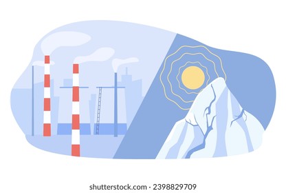 Tubos de fábrica que contaminan el aire y el sol, ilustración vectorial de fusión de hielo. Reducción de la contaminación acelerando el concepto de calentamiento global