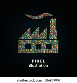 Factory - pixel icon. Vector Illustration. Design logo element. Isolated on black background. It is easy to change to any color.