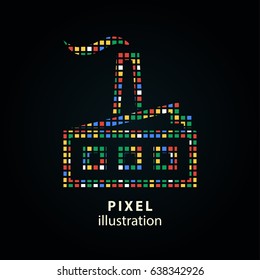 Factory - pixel icon. Vector Illustration. Design logo element. Isolated on black background. It is easy to change to any color.