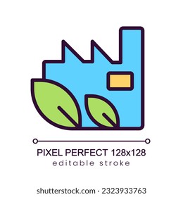 Factory pixel perfect RGB color icon. Environmental friendly manufacture. Ecology protection. Isolated vector illustration. Simple filled line drawing. Editable stroke. Poppins font used