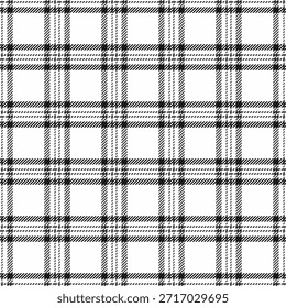Fabrik plaid Vektorgewebe, nacktes Muster Hintergrund nahtlos. Textilien aus Tartan mit Zierstruktur in den Farben Weiß und Schwarz.