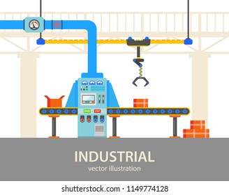 Línea automatizada de fábrica o planta con caja de control y panel de operador, tubos con medidor de presión. Línea de embalaje/envasado o fabricación, producción o montaje con cinturón horizontal. Tema de ingeniería