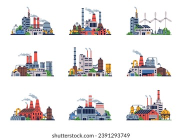 Factory and Plant Building as Industrial Complex with Pipe and Chimney Vector Set svg