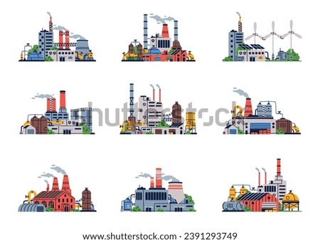 Factory and Plant Building as Industrial Complex with Pipe and Chimney Vector Set