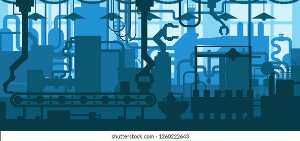 Factory plant conveyor line production development industrial interior design flat background concept illustration