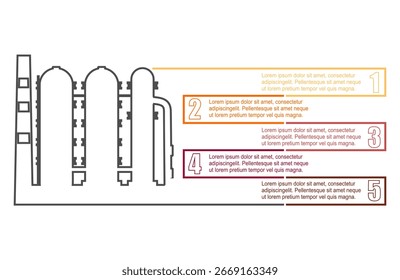 Factory or plant icon with five features or option of project to select. Minimal infographic illustration for business and industry information visualization.