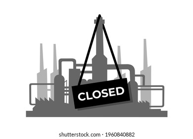 Factory, plant and industrial building is closed and abandoned. Discontinuation, stop and shutdown of industry  and manufacture. Vector illustration.