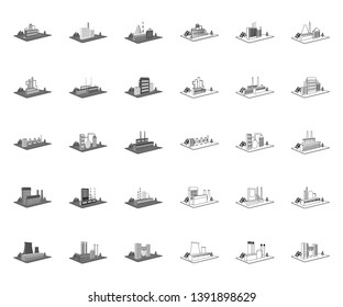 Factory and plant mono,outline icons in set collection for design. Production and enterprise vector isometric symbol stock web illustration.