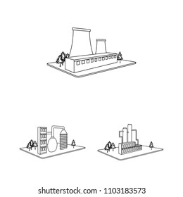 Factory and plant outline icons in set collection for design. Production and enterprise vector isometric symbol stock web illustration.