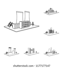Factory and plant outline icons in set collection for design. Production and enterprise vector isometric symbol stock web illustration.