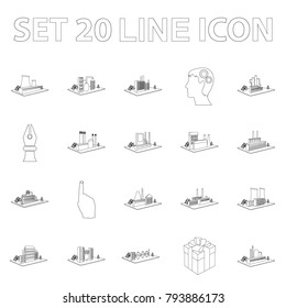 Factory and plant outline icons in set collection for design. Production and enterprise vector isometric symbol stock web illustration.