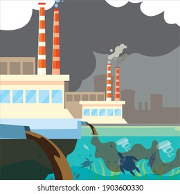 factory plant pollutes, trash emission from pipes to river water vector illustration