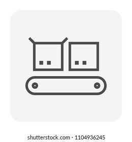 Factory plant production line vector icon. Industrial process with conveyor belt machine and cardboard box product packaging. Automatic system for manufacture, distribution, shipping. 64x64 pixel.