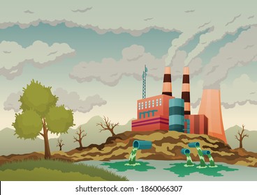 Factory plant smokes with smog, trash emission from pipes to river water. Landscape with nature ecology elements and ecology problem concept in flat style. Dirty waste water polluted environment