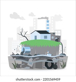 Factory plant smokes with smog, trash emission from pipes to river water. Grey sky and polluted grass. Ecology, nature concept. Water pollution from industrial pipes polluting ocean with waste product