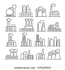 Factory and plant thin line vector icons. Industrial building for production and manufacture illustration