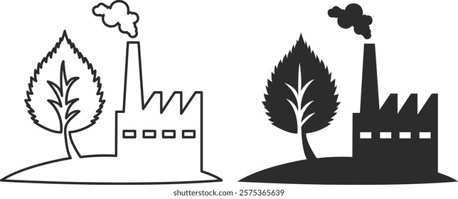 Factory or plant with tree-like leaf, logo of environmental pollution and CO2 emissions into the atmosphere, black line and silhouette icon.