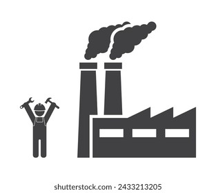 factory plant with worker hands up industrial concept icon