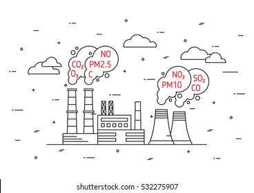 Factory pollutes atmosphere vector illustration. Dangerous air pollution (smog, fog, exhaust) concept. Smoke from pipes with hazardous elements (co2, dioxide, carbon, no, no2, pm10) graphic design.