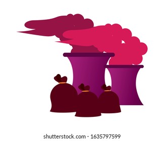 factory with polluting chimneys and garbage bags vector illustration design