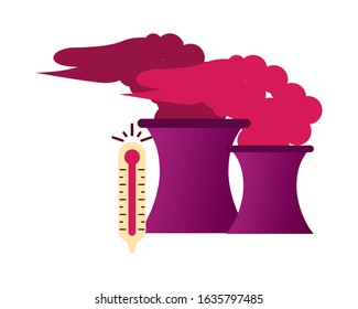 factory with polluting chimneys and thermometer vector illustration design