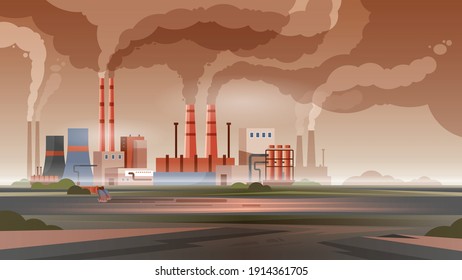 Factory pollution city air and water with smoke and toxic waste flat vector illustration