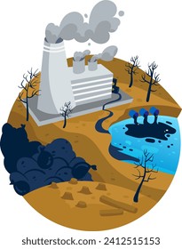 Factory pollution environmental damage with smoke, dead trees, polluted water. Climate change and industrial impact concept vector illustration.