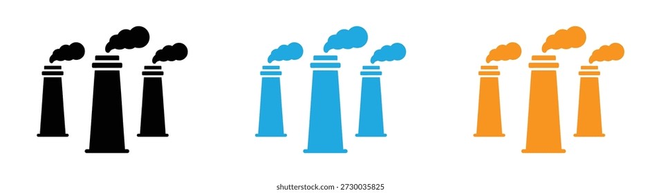 Factory Pollution Icon Collection With Multiple Styles. Industrial chimneys emitting smoke in various. 