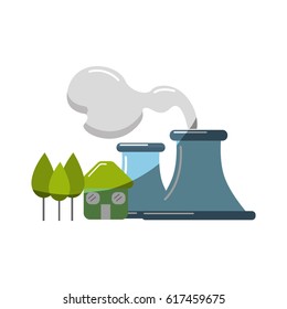 factory pollution near to trees and house