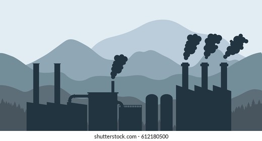 Factory pollution vector - industrial plant silhouette with mountain background.