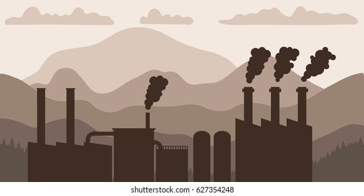 Factory pollution vector - industrial plant silhouette with mountain background.
