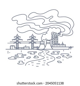 Factory pollutions concept. Vector line illustration of energy plant with smoking chimneys, pollute soil, water, and air around with toxic waste. Outline style vector illustration on white background.