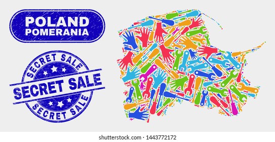 Factory Pomeranian Voivodeship map and blue Secret Sale grunge seal stamp. Colored vector Pomeranian Voivodeship map mosaic of production elements. Blue rounded Secret Sale stamp.