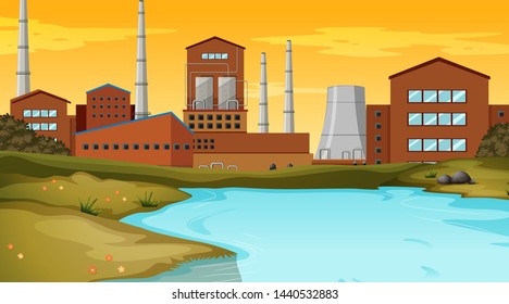Factory and pond scene illustration