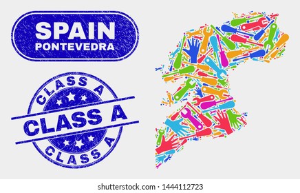 Factory Pontevedra Province map and blue Class A distress stamp. Colorful vector Pontevedra Province map mosaic of mechanics parts. Blue rounded Class A stamp.