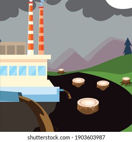 factory pouring toxic waste chemicals in river through pipes, pollution and contamination vector illustration